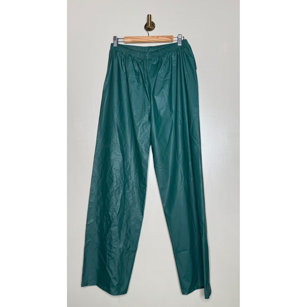 LL Bean Vintage Rain Pants Mens Large Green PVC Waterproof Elastic Waist Utility
